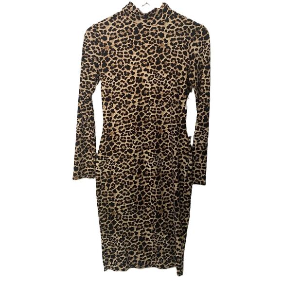 Leith Soft Mock Neck Long Sleeve Animal Print Dress Sz Small in Brown/Black NWT - Picture 1 of 5